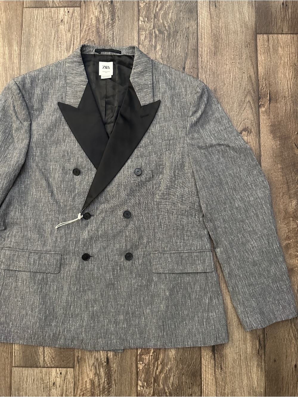 Zara Double-Breasted Satin Peak Lapel Tuxedo Blazer Men’s Size 44 Gray Black